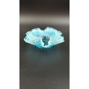 Vintage Fenton Hobnail Blue Opalescent Double Crimped Bon Bon Ruffle Candy Dish